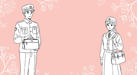 Elegant Uniformed Couple Against a Floral Backdrop