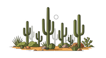 Stylized desert landscape illustration with saguaro cacti and desert vegetation under a bright sun illustration