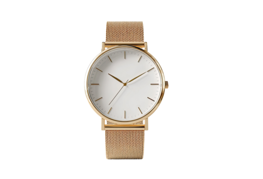 A round, minimalist watch with a light beige strap and gold-tone case.  Clean lines, simple face with white dial and gold hands