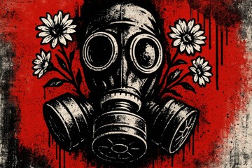 Gas mask with blooming flowers protest artwork. Use for climate change campaigns, anti-war messaging, environmental activism and editorial illustration. 
