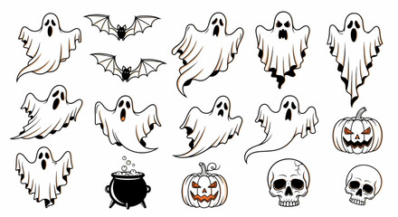A collection of hand drawn cartoon flying ghost illustrations with bats, pumpkins and skulls for a spooky Halloween theme