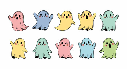 Adorable hand drawn cartoon flying ghost illustrations in pastel colors, perfect for Halloween and whimsical designs