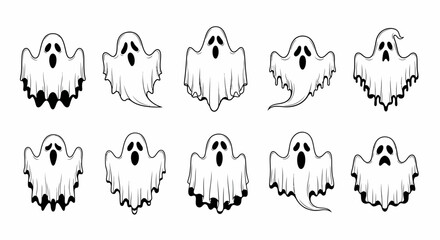 Set of hand drawn cartoon flying ghost illustrations in black and white, perfect for Halloween and spooky themes
