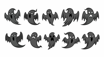 Hand drawn cartoon flying ghost vector set