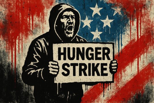 Graffiti activist with hunger strike sign. Use for political protest, social justice awareness, human rights campaigns and advocacy design. 
