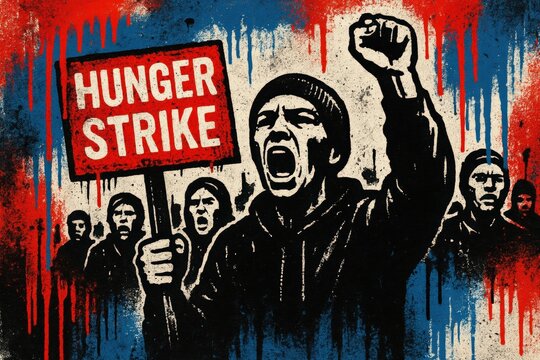 Crowd graffiti art with hunger strike protest. Use for solidarity campaigns, human rights activism, political advocacy and freedom of speech design. 
