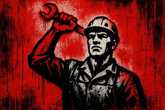 Graffiti art of worker holding wrench. Use for labor rights campaigns, union movements, empowerment marketing, and industrial history projects.
