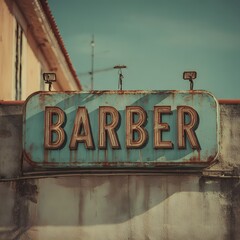 Vintage Barber Shop Sign Rustic Blue and Orange Against Sunny Sky