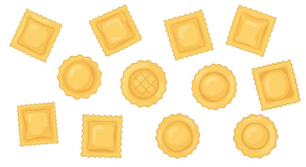 Assortment of assorted golden pasta and ravioli shaped noodles isolated on white background in variety of rounds squares and scalloped edges