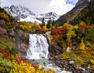 Autumn waterfall cascading into a mountain valley, framed by vibrant foliage and snow-capped peaks