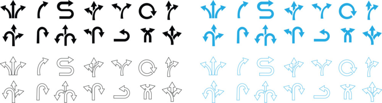 Three way arrow icon isolated on white background. 3 direction arrows sign symbol Three way direction icon set. Set of arrow direction , three arrow heads and path navigation icon - Stock Vector