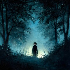 Silhouette Figure Shining Eyes in Ominous Forest at Night Art