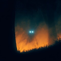 Glowing Eyed Figure Emerging From Smoky Dark Forest Nightmare