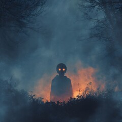 Silhouette Figure with Glowing Orange Goggles in Dark Foggy Forest