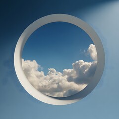 White Circular Frame with Fluffy Clouds and Bright Blue Sky Background