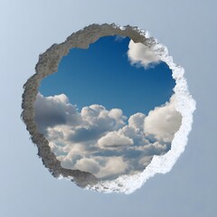 Hole in the Light Blue Wall Revealing Blue Sky and White Clouds