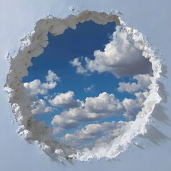 Sky Hole Through White Wall with Clouds Bright Blue Sky, Surreal Conceptual Art