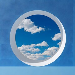 Sky Clouds Seen Through White Circle Frame on Blue Textured Wall