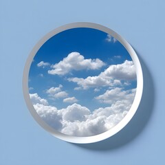 Blue Sky Through Round Frame with White Clouds on Pastel Background