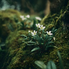 Delicate White Wildflower Growing on Green Mossy Surface Nature