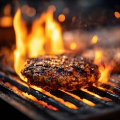 Grilled Meat Patty with Orange Flames and Smoke on Black Grill