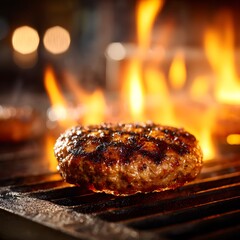 Grilled Patty with Flames Close Up on Metal Grate Food Preparation