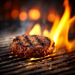 Grilled Hamburger Patty Cooking on Hot Bbq Grill with Flames, High Angle