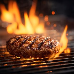 Grilled Patty on Fire Cooking with Sizzling Flames and Intense Heat