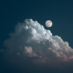 Glowing Full Moon Shining Above Large White Cloudscape at Night