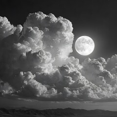 Dramatic Moon Shining Through Gray Clouds and Starry Night Sky