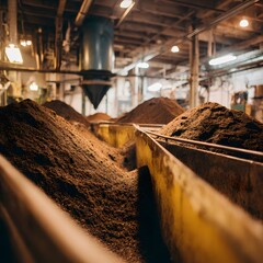 Brown Material Piles in Yellow Troughs, Industrial Setting