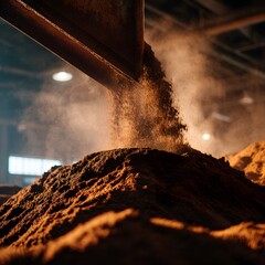 Pile of Brown Material Being Poured in Dark Industrial Interior