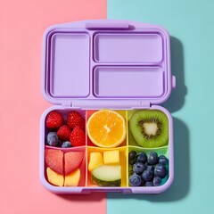 Colorful Fruit in Purple Lunchbox on Pastel Background
