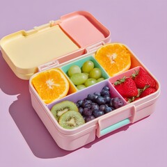 Colorful Fruit Lunchbox with Orange, Kiwi, Strawberries on Purple Background