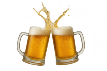 Beer splashing from two clinking mugs on a transparent background, capturing the essence of celebration and festive gatherings with friends