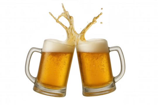 Beer splashing from two clinking mugs on a transparent background, capturing the essence of celebration and festive gatherings with friends - Powered by Adobe