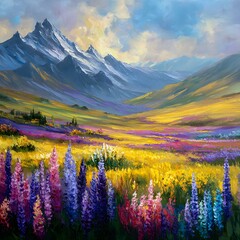 Colorful Mountain Landscape with Wildflowers Painting Impressionistic Art