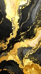 Abstract marbled design with gold flecks, flowing black and beige patterns