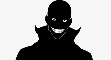 Sinister silhouette of a mysterious figure with a creepy grin and menacing glowing eyes