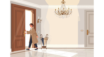 Elegant woman entering home with chandelier illuminating luxurious entrance hall