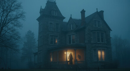 Fototapeta premium Haunted Victorian house surrounded by fog, dimly lit by moonlight, eerie shadowy figures in the windows 