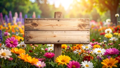 Empty wooden sign in a vibrant flower garden
