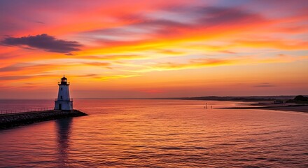 A mesmerizing sunset paints the sky above a coastal scene featuring a prominent lighthouse and
