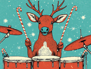 Reindeer playing drums with candy cane sticks, festive winter scene, joyful holiday mood, snow falling, cartoon style