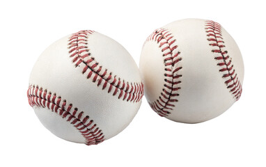 Two baseballs, side by side,  close-up view.  Stitching is prominent, in a reddish-brown color.  The balls are a light cream or off-white