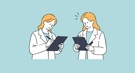 Two doctors collaborating on patient care with clipboards in a clean, modern medical setting
