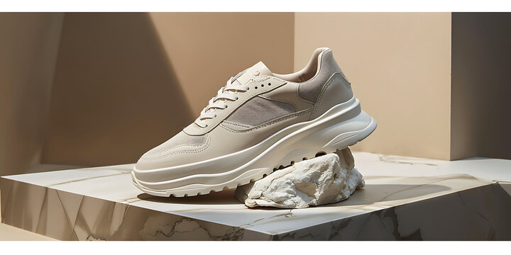Stylish neutral toned sneaker with chunky sole displayed on textured surfaces