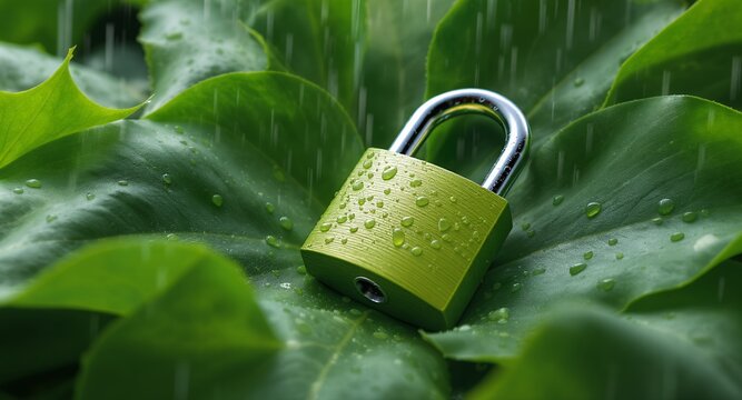 Green Padlock on Leaves in the Rain Security, Nature, and Environmental Concept