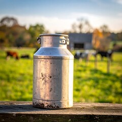 Obraz premium Rustic metal milk can on a wooden fence