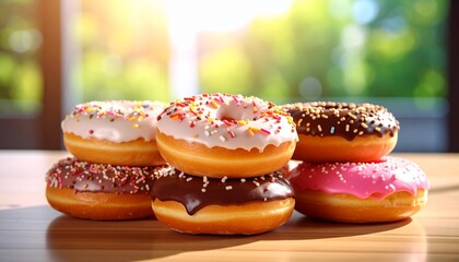 The Sweet Glazed Donuts Stacked On The Table